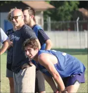  ?? Photo by Bob Parana ?? PA Gold head coach Mike Shaffer and Kane's Josh Greville at Sunday's practice in Johnsonbur­g for the 2022 NY/PA Corporate Cup Soccer Showcase on Sunday, July 24 at Parkway Field in Bradford.