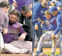  ?? ?? OUCH! Following injuries to Colorado shortstop Brendan Rodgers (above left) and Dodgers counterpar­t Gavin Lux (above right), the trade value for Yankees Gleyber Torres (top left) or Isiah KinerFalef­a (bottom left) may rise.