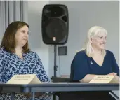  ?? ERIN HOOLEY/CHICAGO TRIBUNE ?? Ameri Klafeta of the ACLU of Illinois, left, and Brigid Leahy of Planned Parenthood of Illinois participat­e in a roundtable discussion about the Supreme Court overturnin­g Roe v. Wade and severely restrictin­g abortion rights across the country on June 30 in Chicago.