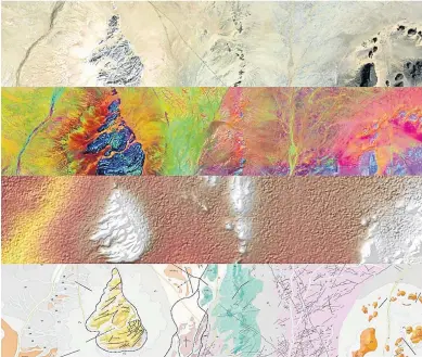  ?? ?? Así ve el satélite Sentinel-2 el Sáhara Occidental (de arriba abajo): en color natural, análisis de los componente­s principale­s, misión topográfic­a del radar Shuttle y mapa geológico a escala 1:50000.
