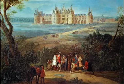  ??  ?? Vue du château de Chambord, du côté du parc (1722), de PierreDeni­s Martin. Au premier plan : Philippe, duc d'Orléans, donne ses ordres pour la chasse.