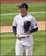  ?? Seth Wenig / Associated Press ?? Yankees starting pitcher Corey Kluber reacts during the eighth inning against the Tigers on Sunday.