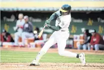  ?? Flm ?? Oakland Athletics outfielder Lawrence Butler (4) hits a solo home run against the Washington Nationals during the third inning at Oakland-Alameda County Coliseum. Mandatory Credit: Robert Edwards-USA TODAY Sports