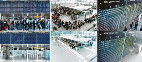  ?? Fotos: Matthias Balk/Sina Schuldt, dpa ?? Osterferie­n einst und heute: Traditione­ll reges Treiben herrschte im Terminal 2 am Flughafen in München zu Beginn der Osterferie­n 2019. Heuer haben sich dagegen nur wenige Reisende in den riesigen Hallen des Airports verloren.