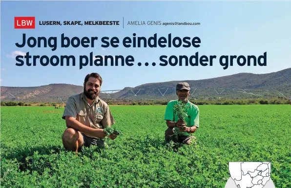  ?? FOTO’S: HANRI LANDMAN ?? Mnre. Cornel Landman (links) en Awie Baartman, ’n aandeelhou­er aan die Sewenfonte­in-gemeenskap­sboerdery in die Baviaanskl­oof, sit in ’n lusernland wat Cornel hulle help vestig het. Hy koop ook al hul lusern.