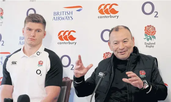  ??  ?? England coach Eddie Jones, right, with fly-half Owen Farrell during a press conference.