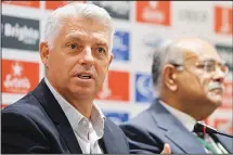  ?? (AFP) ?? Internatio­nal Cricket Council (ICC) Chief Executive David Richardson (left), addresses a press conference along with Chairman of Pakistan Cricket Board (PCB) Najam Sethi at the Gaddafi Cricket Stadium in Lahore on Sept 13.