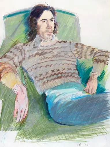 ?? ?? ◀ David Hockney Ossie Wearing a
Fairisle Sweater, 1970, coloured pencil on paper, 17314in (43335.5cm)