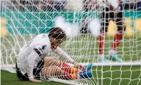  ?? Photograph: Nigel French/PA ?? Luton's Tom Lockyer ends up in the back of his own net, with the ball, after trying to clear from a yard out.