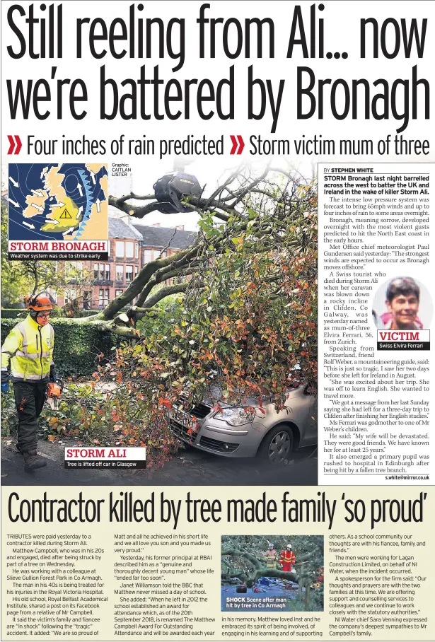  ??  ?? Weather system was due to strike early Tree is lifted off car in Glasgow SHOCK Scene after man hit by tree in Co Armagh Swiss Elvira Ferrari