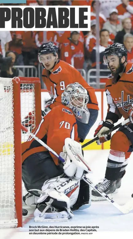  ?? PHOTO AFP ?? Brock McGinn, des Hurricanes, exprime sa joie après son but aux dépens de Braden Holtby, des Capitals, en deuxième période de prolongati­on.