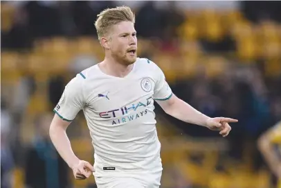  ?? Picture: AFP ?? LETHAL. Manchester City’s Kevin De Bruyne celebrates after scoring one of his four goals during their English Premier League match against Wolves at Molineux on Wednesday night.