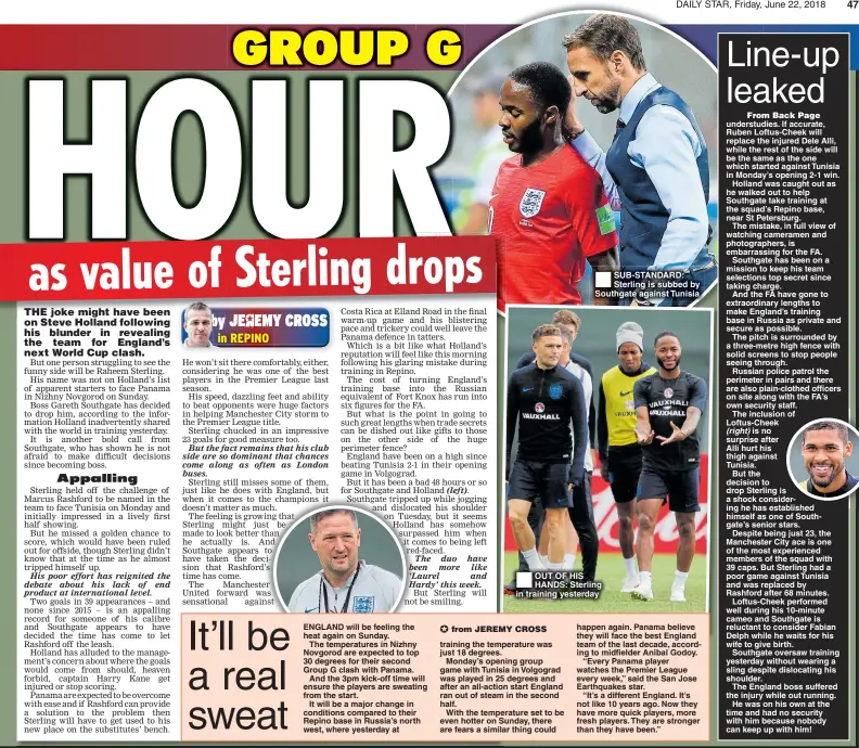  ??  ?? SUB-STANDARD: Sterling is subbed by Southgate against Tunisia OUT OF HIS HANDS: Sterling in training yesterday