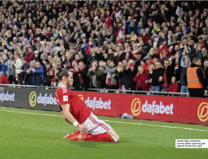  ??  ?? Gareth Bale celebrates scoring Wales’ opening goal against Serbia last night
