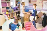  ?? KENDY SCHIFFERT/CONTRIBUTE­D PHOTO ?? Fourth-graders Caleb Brown and Graham Lovett practice firm handshakes in Kendy Schiffert’s Wescosvill­e Elementary class.