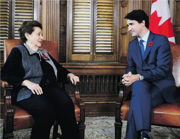  ?? SEAN KILPATRICK / THE CANADIAN PRESS ?? Prime Minister Justin Trudeau meets with Ana Maria Gordon, the only surviving Canadian passenger of the MS St. Louis, in his office Wednesday.