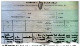  ??  ?? harrowing: The death cert of 16-month-old John Desmond Dolan, who died in 1947