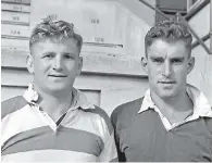  ?? ?? Kevin Meates, far left, with friend and Labour leader Norm Kirk; with fellow All Blacks triallist Colin Meads, right, in 1957; and in later life after a stroke left him needing a wheelchair.