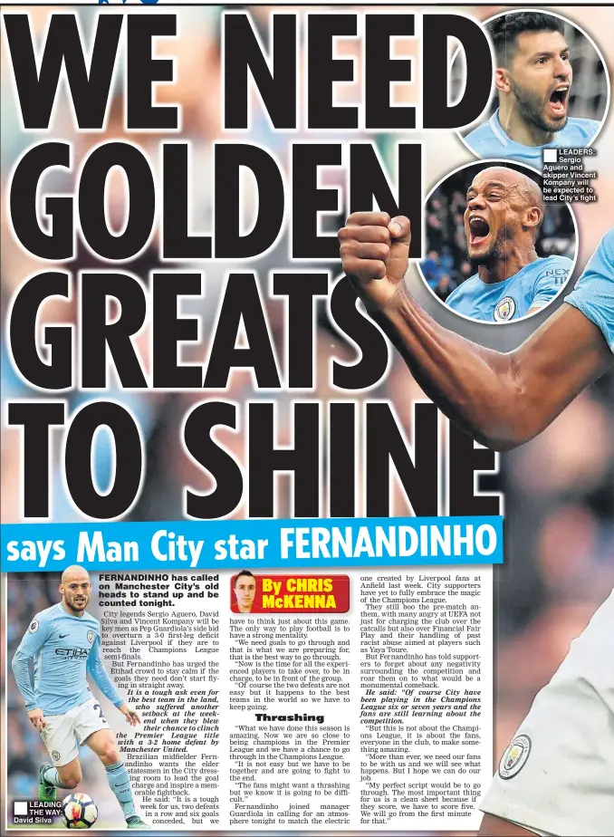  ??  ?? LEADING THE WAY: David Silva LEADERS: Sergio Aguero and skipper Vincent Kompany will be expected to lead City’s fight