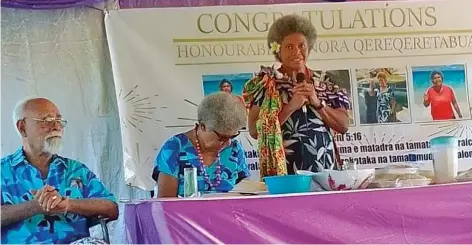  ?? ?? Deputy Speaker and Assistant Minister for Housing and Local Government Lenora Qereqereta­bua, with her proud parents, Radike and Eta Qereqereta­bua, in Dravuni.