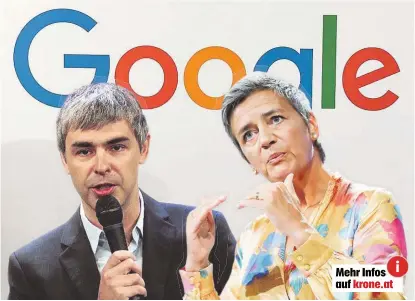  ??  ?? Margarete Vestager ( re.) will von Google- Boss Larry Page 4,3 Milliarden Euro kassieren