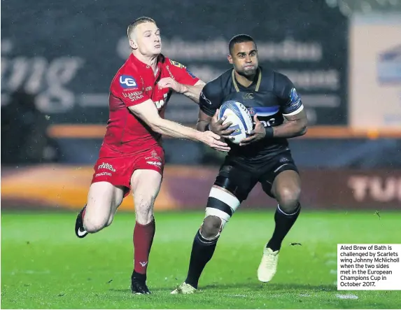  ??  ?? Aled Brew of Bath is challenged by Scarlets wing Johnny Mcnicholl when the two sides met in the European Champions Cup in October 2017.