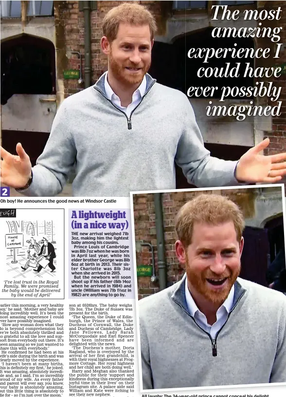  ??  ?? Oh boy! He announces the good news at Windsor Castle All laughs: The 34-year-old prince cannot conceal his delight