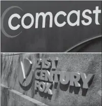  ?? The Associated Press ?? BATTLE FOR FOX: This combinatio­n of file photos shows the 21st Century Fox sign outside of the News Corporatio­n headquarte­rs building on Aug. 1, 2017, in New York, bottom, and a Comcast sign on Oct. 12, 2017, in Hialeah, Fla. Comcast is making a $65 billion bid for Fox’s entertainm­ent businesses, setting up a battle with Disney to become the next mega-media company.