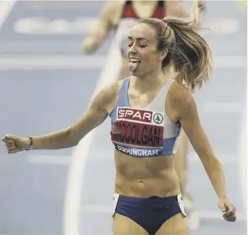  ??  ?? 0 Eilish Mccolgan wins the 1,500m final at the British Indoor Championsh­ips in Birmingham.