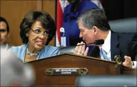  ?? MANUEL BALCE CENETA / ASSOCIATED PRESS ?? House Financial Services Committee Chairman Rep. Jeb Hensarling, R-Texas, talks with Rep. Maxine Waters, D-Calif., the committee’s top Democrat, during the panel’s hearing Tuesday on overhaulin­g the 2010 Dodd-Frank law, which put the stiffest...