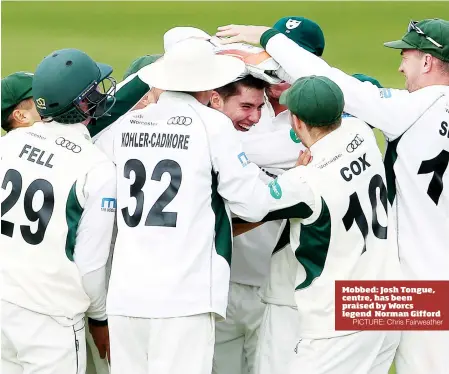  ?? PICTURE: Chris Fairweathe­r ?? Mobbed: Josh Tongue, centre, has been praised by Worcs legend Norman Gifford