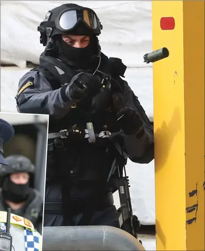  ??  ?? Left, Supt Andrew Watters gives a briefing on the exercise at Drogheda Port and above, a member of the ERU throws a stun grenade during the mock hostage situation.