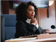  ?? MONTY BRINTON/CBS VIA AP ?? This image released by CBS shows Simone Missick in a scene from “All Rise.” The legal drama has become the first U.S. scripted television series to adapt the coronaviru­s pandemic by producing an episode remotely. It enlisted its stars to work from home on their own makeup, set design and lighting. The season finale airs Monday night, May 4, 2020 on CBS and finds Missick’s Judge Lola Carmichael presiding over a Los Angeles Superior Court bench trial via video conference.