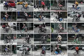  ?? ?? People riding their bicycles for pleasure and work in New York City. Photograph: Carlo Allegri/Reuters