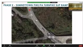  ?? SCREENSHOT OF ONLINE MEETING ?? An overhead photo of Sumneytown Pike and its intersecti­ons with Mainland Road and Old Forty Foot Road are shown, where Sumneytown could be widened to add an extra through travel lane and an existing through lane could be converted to a left turn lane.