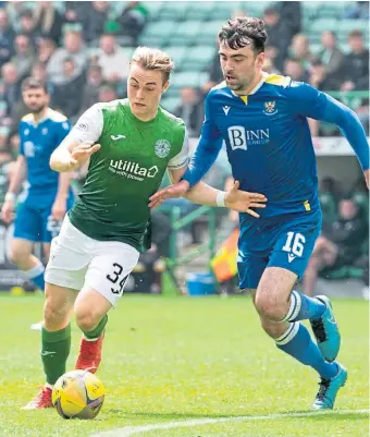  ?? ?? Hibs’ Melkersen is put under pressure by St Johnstone’s John Mahon.