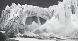  ?? FRANCISCO MUNOZ/AP FILE ?? Chunks of ice break off the Perito Moreno Glacier in Argentina in 2016. As glaciers shrink with climate change, the amount of water in glacial lakes grows, making them more dangerous when dams burst.