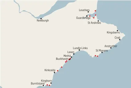  ??  ?? The red dots depict areas on the Fife coastline that face erosion by 2050. Leuchars Guardbridg­e St Andrews Newburgh Kingsbarns Crail Anstruther St Monans Lundin Links Leven Methil Buckhaven Kirkcaldy Kinghorn Burntislan­d