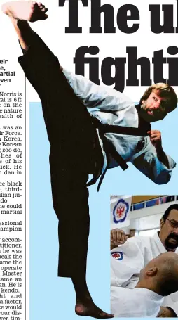  ??  ?? Signature roundhouse kick: Chuck Norris and, inset, Seagal