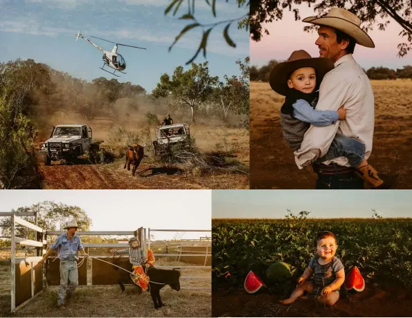  ??  ?? Life in the Northern Territory (from top left): chasing a runaway bull at Mallapunya­h Station; Peter Gawler and little Tucker at Harts Range; fresh melons for young Samsen Starr in Mataranka; and Jack Harries and son Mac, a rodeo star in the making.