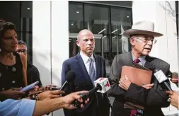  ?? Marie D. De Jesús / Staff photograph­er ?? Attorneys Ricardo de Anda, right, and Michael Avenatti talk Tuesday in Houston about a Guatemalan child who has been separated from his mother for 81 days, according to the lawyers. They requested the boy’s release so he can be sent to his mother, who was deported to Guatemala.