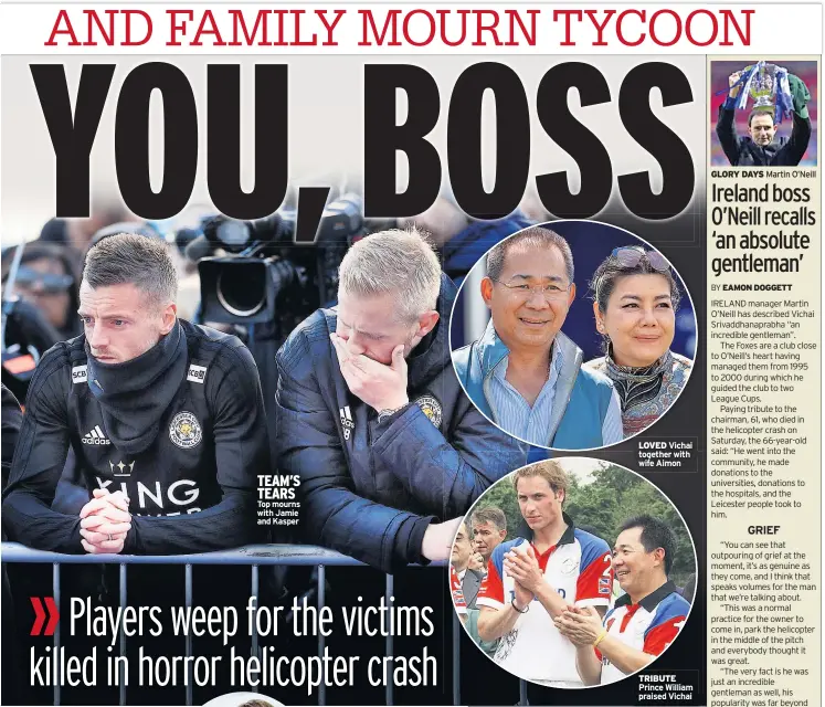  ??  ?? TEAM’S TEARS Top mourns with Jamie and KasperLOVE­D Vichai together with wife Aimon TRIBUTE Prince William praised Vichai