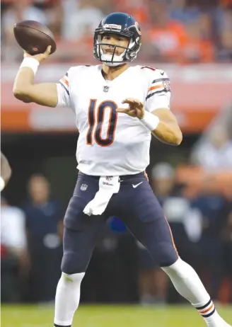  ?? JACK DEMPSEY/AP ?? Mitch Trubisky finished 9-for-14 for 90 yards on Saturday night against the Broncos. The second-year quarterbac­k threw a touchdown pass and an intercepti­on in posting a passer rating of 76.5.