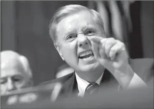  ?? WIN MCNAMEE / ASSOCIATED PRESS ?? Sen. Lindsey Graham, R-S.C., speaks during Thursday’s hearing with Supreme Court nominee Brett Kavanaugh in Washington. “What you want to do is destroy this guy’s life, hold this seat and hope you win in 2020,” Graham told Democrats at the hearing.