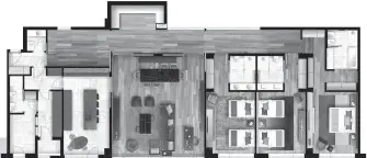  ??  ?? Planta de la vivienda Una distribuci­ón perfecta en la que los
espacios se organizan a partir de un cómodo y fluido pasillo, que da acceso a cada estancia; y todas, a su vez, se abren al exterior ganando un gran
caudal de luz natural.