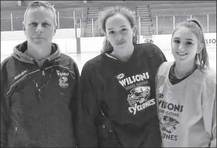  ?? SUBMITTED PHOTO ?? Coach Ken Dyas, Lauren Miller, left, and Makayla Clark during a recent hockey practice.