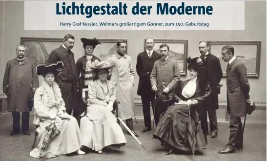  ??  ?? Eröffnung der Monet-Ausstellun­g im Großherzog­lichen Museum : (von links sitzend) Editha von Münchhause­n, Gerty von Hofmannsth­al, Helene von Nostitz; (von links stehend) Max von Münchhause­n, Gitta Heymel, Alfred Walter Heymel, Alfred von Nostitz, Hugo von Hofmannsth­al, Harry Graf Kessler und Henry van de Velde. Foto: Louis Held