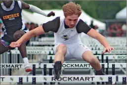  ?? Jeremy Stewart ?? Rockmart’s Ryan Mitchell clears the final hurdle during the boys’ 110-meter hurdle race during the Class AA “B” sectional at Rockmart High School on Saturday, May 6.
