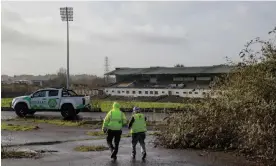  ?? ?? Workers at Casement Park in Belfast which is undergoing a rebuild. Photograph: Liam McBurney/PA