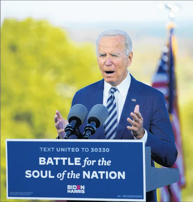  ?? ANDREW HARNIK/AP ?? Democratic presidenti­al candidate Joe Biden speaks Tuesday at Gettysburg National Military Park in Gettysburg, Pennsylvan­ia.